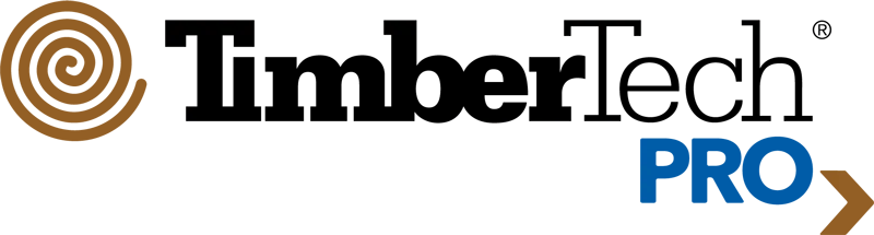 TimberTech Pro badge displayed over a deck frame built with treated lumber, deck posts, and framing members, following deck construction best practices, with joist hangers securing 16 on center spacing and visible end grain.